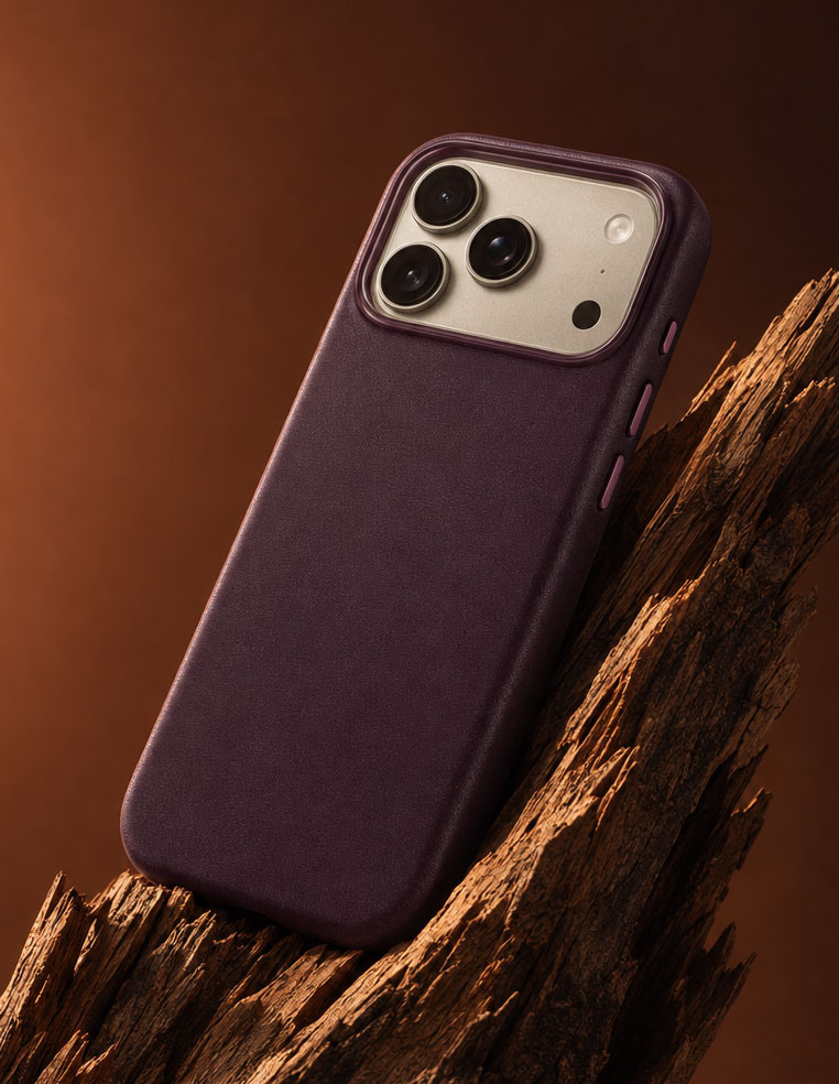 coque iPhone 17 Pro Max en cuir violet mauve
