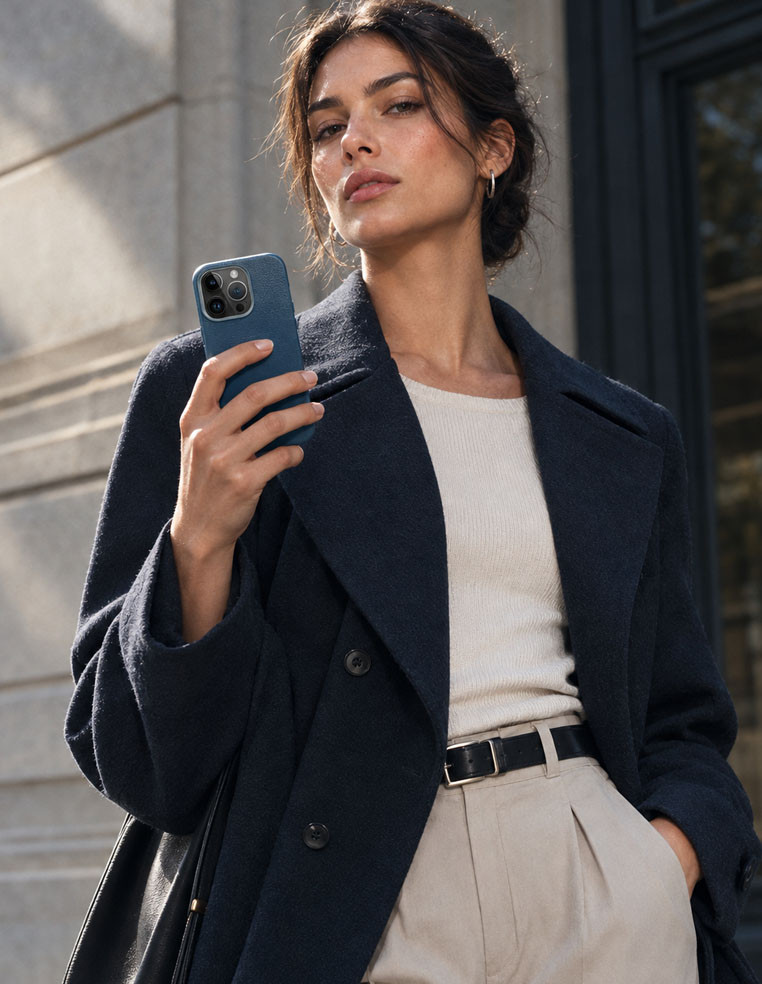 Coque iPhone en cuir bleu marine pour femme